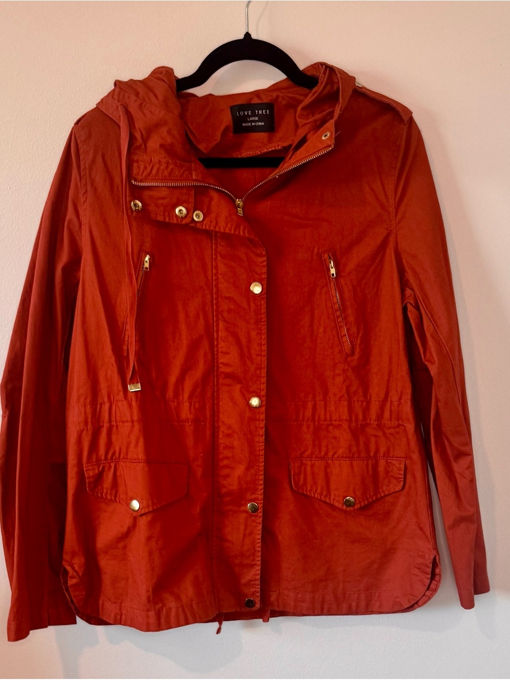 Love Tree Women’s Large Burnt Orange Hooded Utility Jacket Cotton Fall